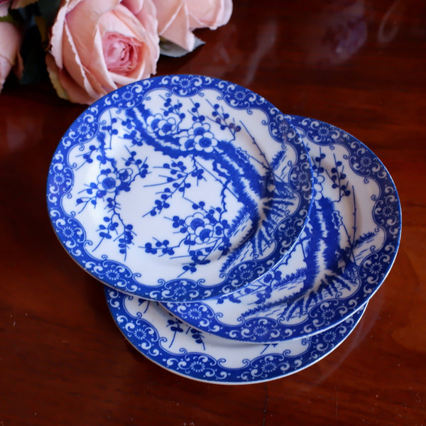 Antique Set of 3 China Blue & White Porcelain SIDE PLATES In Cherry Blossom Japanese