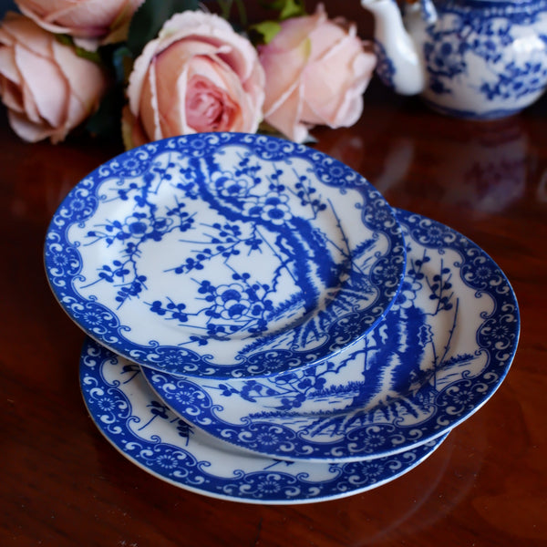 Antique Set of 3 China Blue & White Porcelain SIDE PLATES In Cherry Blossom Japanese