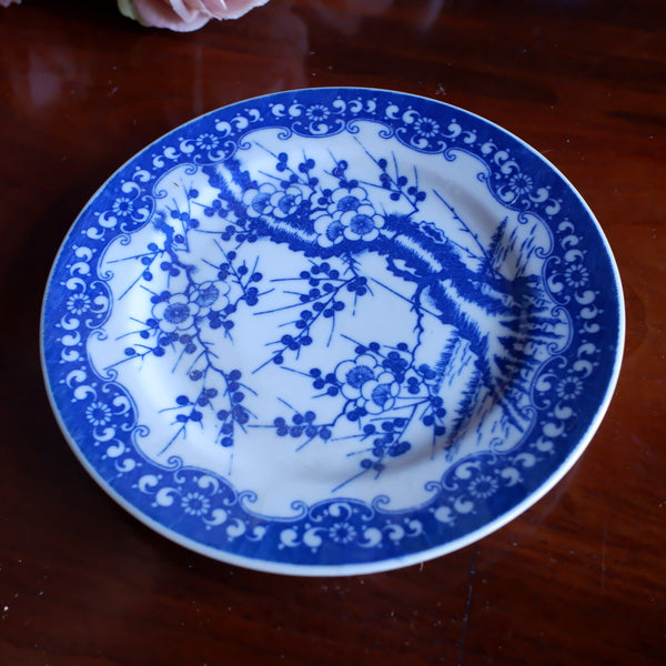 Antique Bone China Blue & White Porcelain Side Plate In Cherry Blossom Japanese 19cm