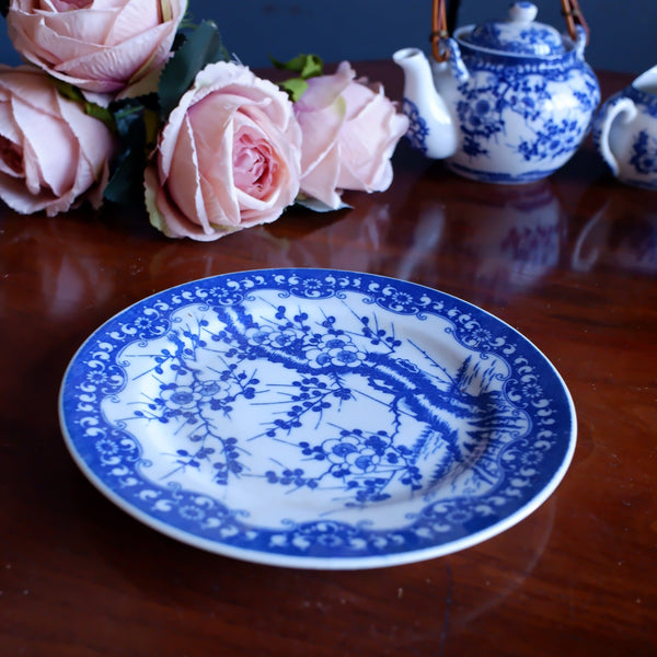 Antique Bone China Blue & White Porcelain Side Plate In Cherry Blossom Japanese 19cm