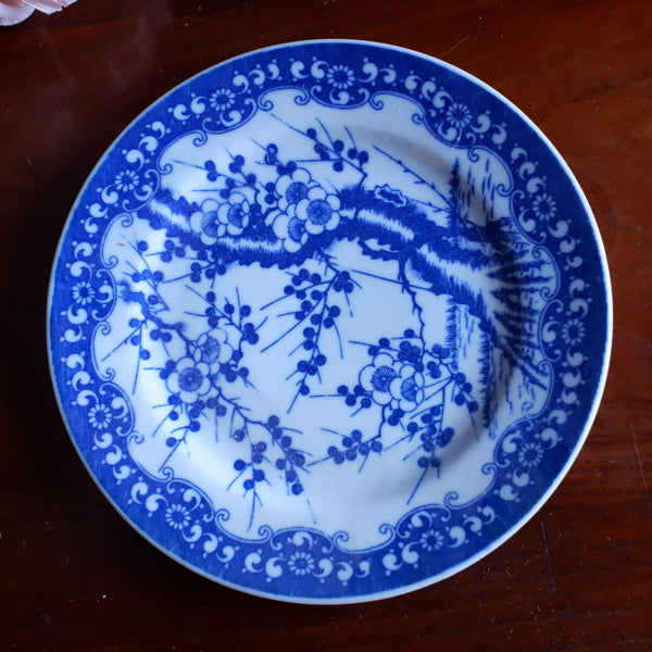 Antique Bone China Blue & White Porcelain Side Plate In Cherry Blossom Japanese 19cm