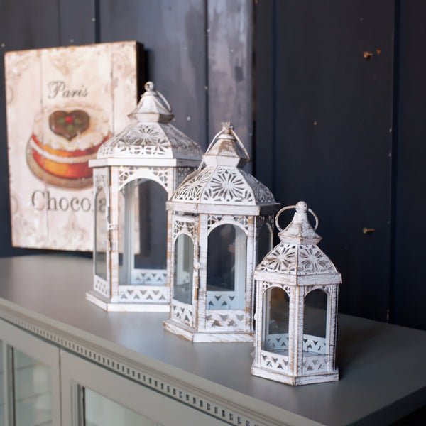 New Set of 3 White Rustic Lanterns Shabby Chic Candle Light Wedding Table Decor Display