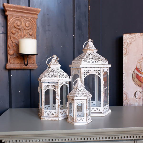 New Set of 3 White Rustic Lanterns Shabby Chic Candle Light Wedding Table Decor Display