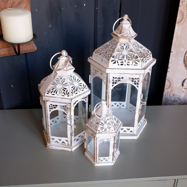 New Set of 3 White Rustic Lanterns Shabby Chic Candle Light Wedding Table Decor Display