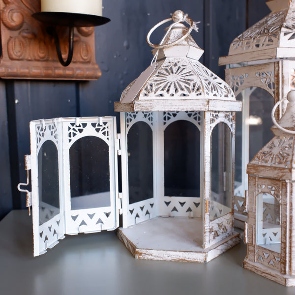 New Set of 3 White Rustic Lanterns Shabby Chic Candle Light Wedding Table Decor Display