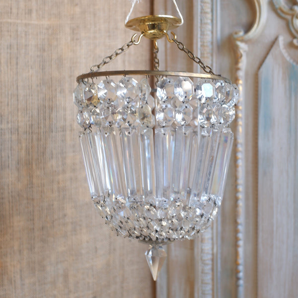 Antique French LEAD Crystal Glass Bag Chandelier Brass Pendant Ceiling Light