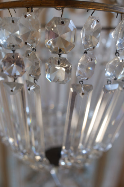 Antique French LEAD Crystal Glass Bag Chandelier Brass Pendant Ceiling Light