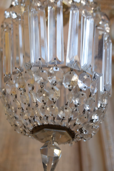 Antique French LEAD Crystal Glass Bag Chandelier Brass Pendant Ceiling Light
