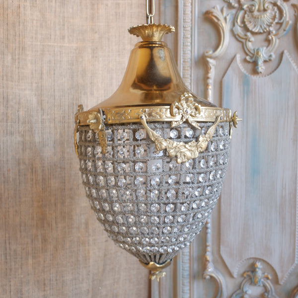 Vintage French Empire Style ACORN Crystal Cut Glass Bag Chandelier Pendant Ceiling Light