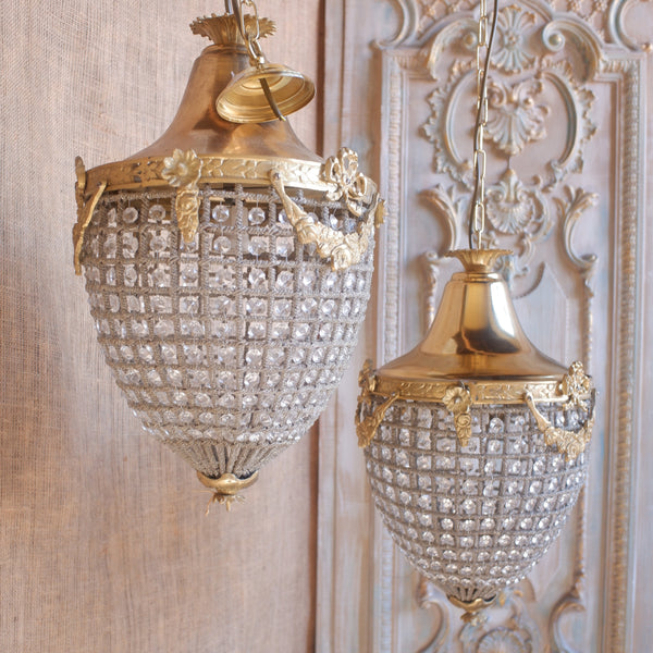 Vintage French Empire Style ACORN Crystal Cut Glass Bag Chandelier Pendant Ceiling Light