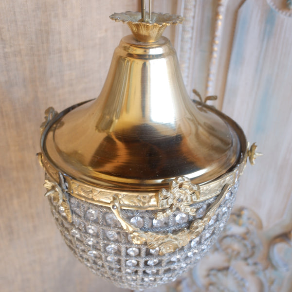 Vintage French Empire Style ACORN Crystal Cut Glass Bag Chandelier Pendant Ceiling Light