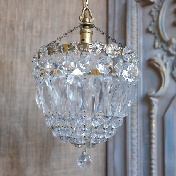 Antique French LEAD Crystal Glass Bag Chandelier Brass Pendant Ceiling Light