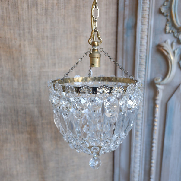 Antique French LEAD Crystal Glass Bag Chandelier Brass Pendant Ceiling Light