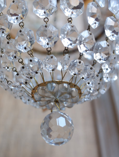 Antique French LEAD Crystal Glass Bag Chandelier Brass Pendant Ceiling Light