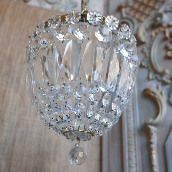 Antique French LEAD Crystal Glass Bag Chandelier Brass Pendant Ceiling Light