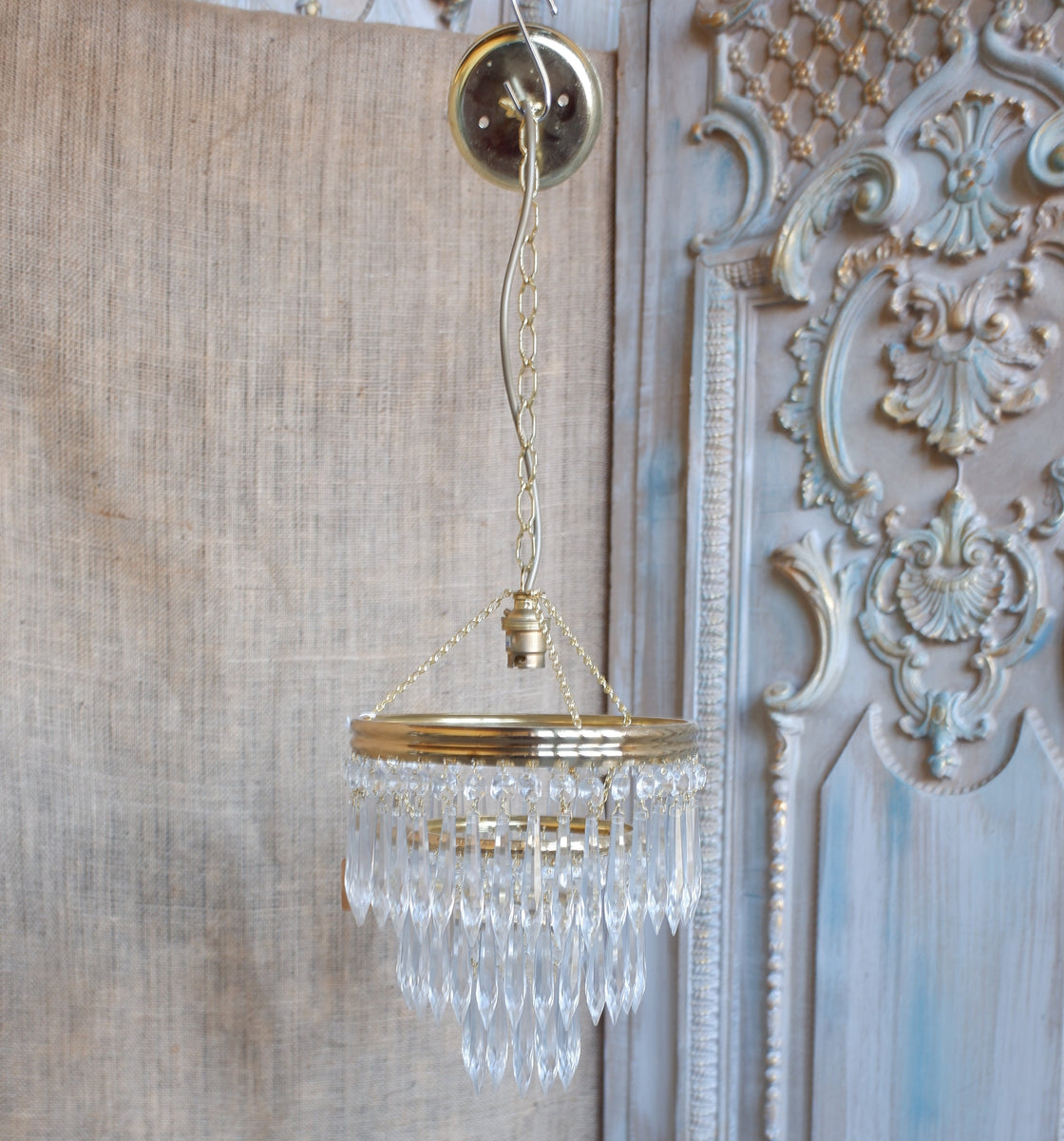 Vintage French Cut Glass Crystal 3 Tiered Chandelier Brass Pendant Cei ...