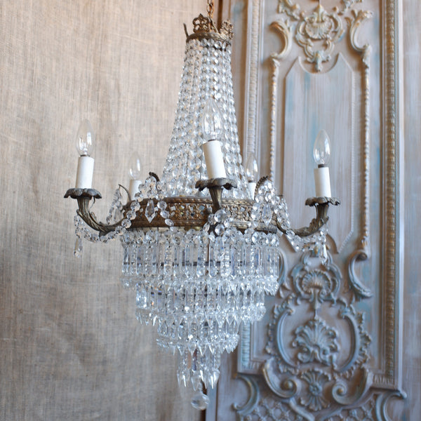 Antique French Empire Brass 5 Arm Large LEAD Crystal Chandelier Pendant Ceiling Light