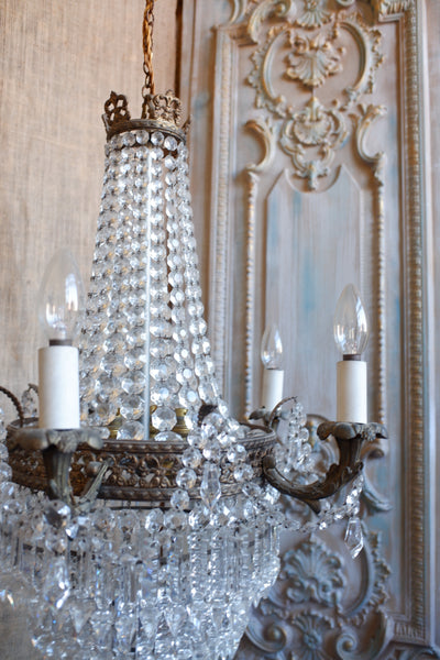 Antique French Empire Brass 5 Arm Large LEAD Crystal Chandelier Pendant Ceiling Light