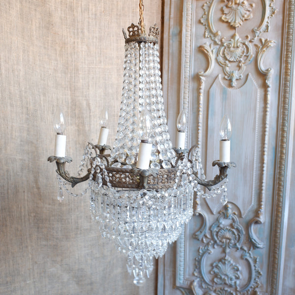 Antique French Empire Brass 5 Arm Large LEAD Crystal Chandelier Pendant Ceiling Light