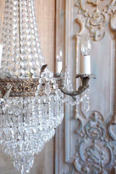 Antique French Empire Brass 5 Arm Large LEAD Crystal Chandelier Pendant Ceiling Light