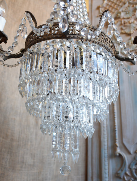 Antique French Empire Brass 5 Arm Large LEAD Crystal Chandelier Pendant Ceiling Light