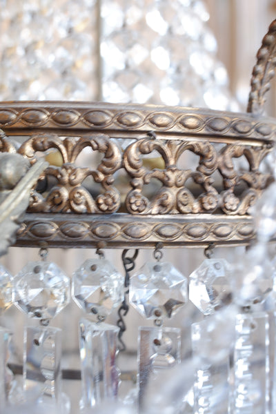 Antique French Empire Brass 5 Arm Large LEAD Crystal Chandelier Pendant Ceiling Light