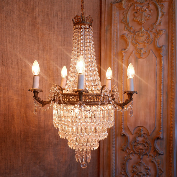 Antique French Empire Brass 5 Arm Large LEAD Crystal Chandelier Pendant Ceiling Light