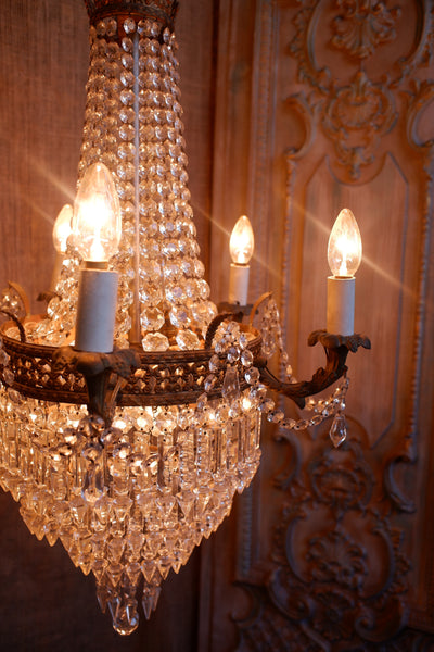 Antique French Empire Brass 5 Arm Large LEAD Crystal Chandelier Pendant Ceiling Light