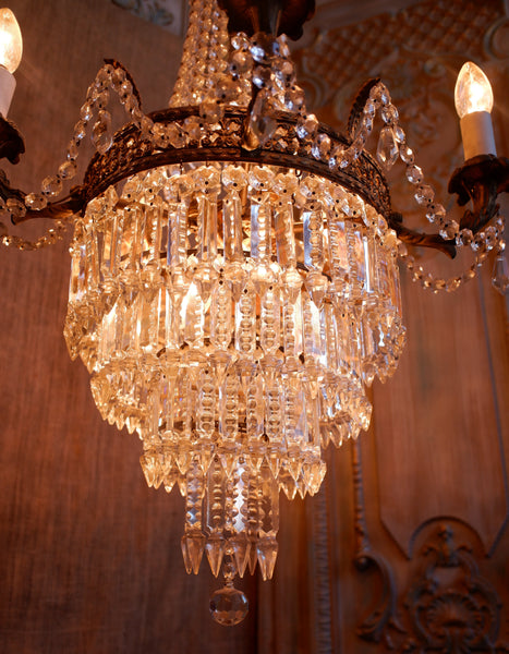 Antique French Empire Brass 5 Arm Large LEAD Crystal Chandelier Pendant Ceiling Light