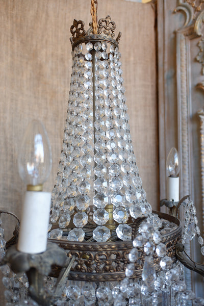 Antique French Empire Brass 5 Arm Large LEAD Crystal Chandelier Pendant Ceiling Light