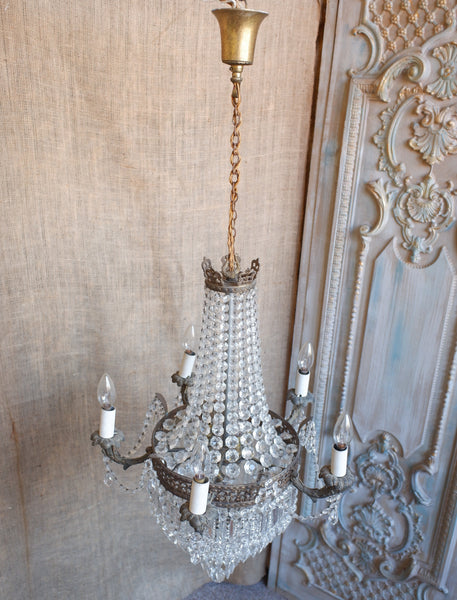 Antique French Empire Brass 5 Arm Large LEAD Crystal Chandelier Pendant Ceiling Light
