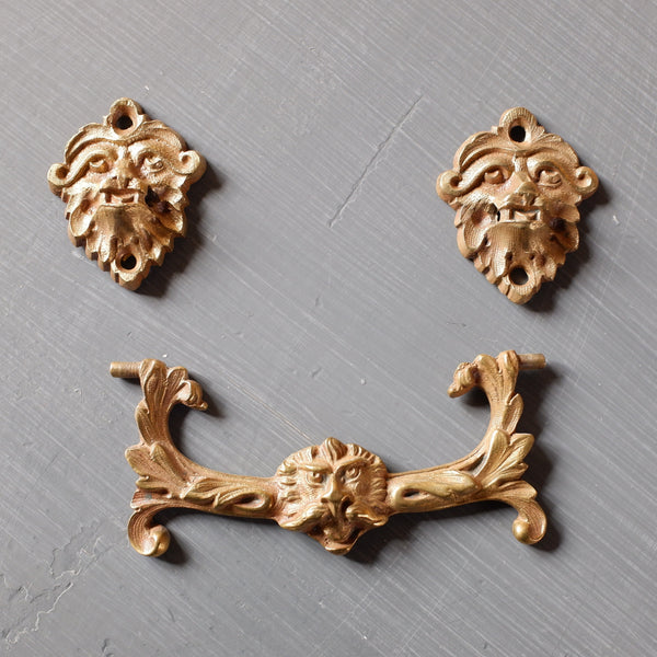 Antique Victorian BRASS Gold Drawer Handles Green Man Jacobean Style