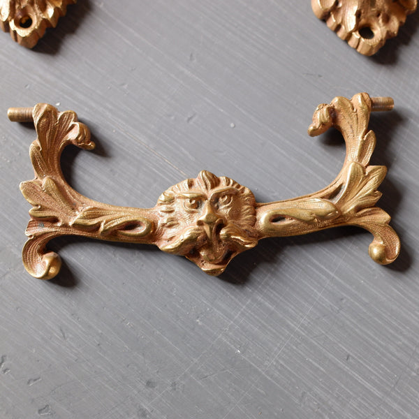 Antique Victorian BRASS Gold Drawer Handles Green Man Jacobean Style