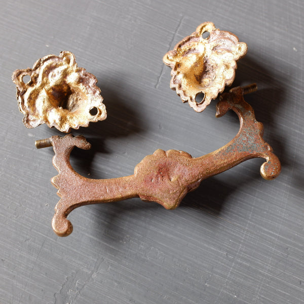 Antique Victorian BRASS Gold Drawer Handles Green Man Jacobean Style