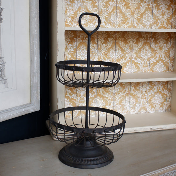 Metal RUSTIC Shabby Chic 2 Tiered Fruit Basket Bronze Finish w/Handle