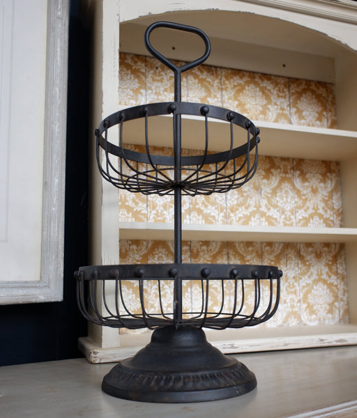 Metal RUSTIC Shabby Chic 2 Tiered Fruit Basket Bronze Finish w/Handle