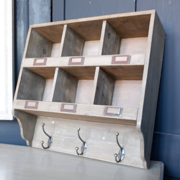 New Vintage Retro Style 6 Pigeon Hole Industrial Wall Wood Craft Cabinet w/Hooks