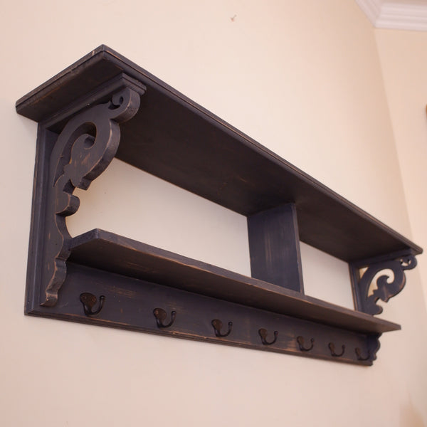 Large Rustic Wood 2 Shelf GREY Hall Unit Storage Wall Coat Rack with 7 Hooks