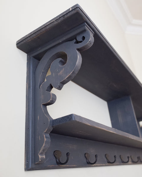 Large Rustic Wood 2 Shelf GREY Hall Unit Storage Wall Coat Rack with 7 Hooks