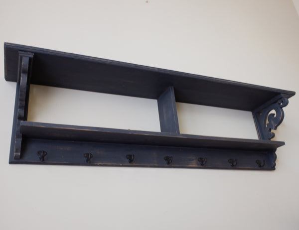 Large Rustic Wood 2 Shelf GREY Hall Unit Storage Wall Coat Rack with 7 Hooks