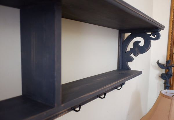 Large Rustic Wood 2 Shelf GREY Hall Unit Storage Wall Coat Rack with 7 Hooks