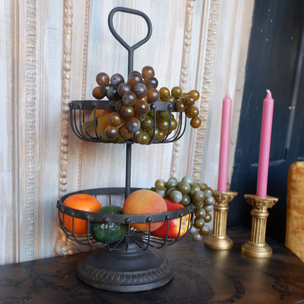 Metal RUSTIC Shabby Chic 2 Tiered Fruit Basket Bronze Finish w/Handle