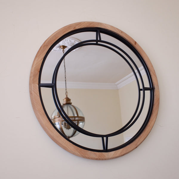 Natural Wood & Metal 70x70cm Round Rustic Industrial Style Mirror