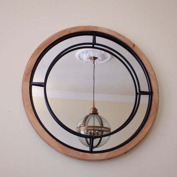 Natural Wood & Metal 66x66cm Round Rustic Retro Industrial Style Mirror