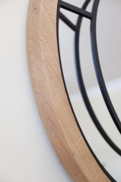 Natural Wood & Metal 70x70cm Round Rustic Industrial Style Mirror
