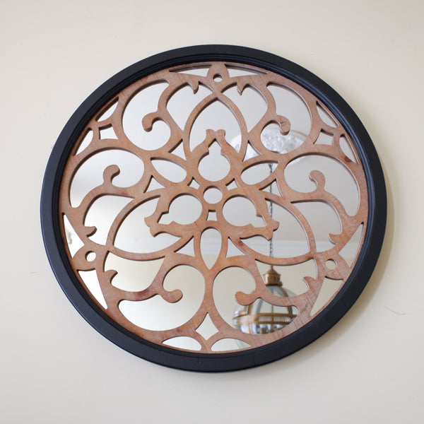 Black Wood 70x70cm Round Accent Rustic Contemporary Modern Fretwork Mirror