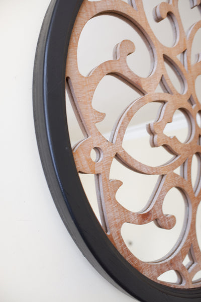 Black Wood 70x70cm Round Rustic Contemporary Modern Fretwork Mirror