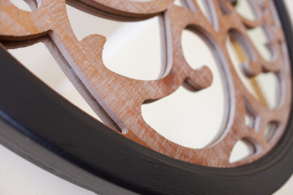 Black Wood 70x70cm Round Rustic Contemporary Modern Fretwork Mirror