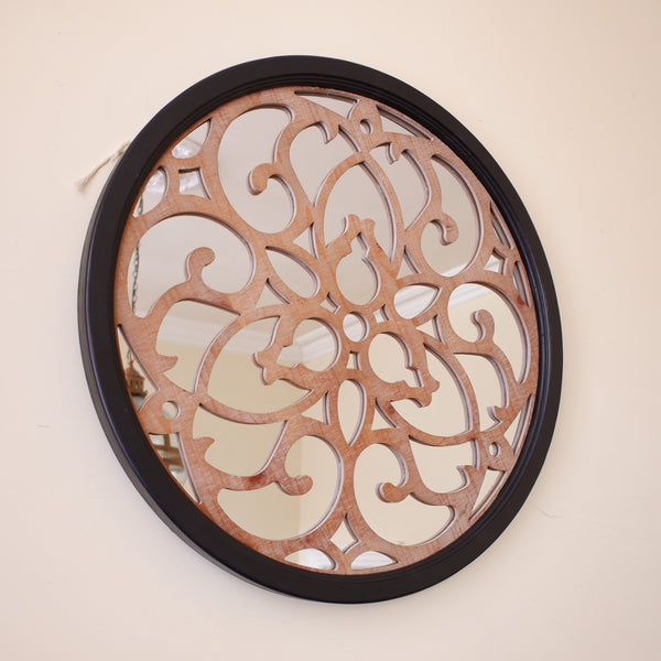 Black Wood 70x70cm Round Rustic Accent Contemporary Modern Fretwork Mirror