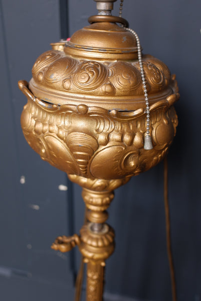 Tall Antique Cast Metal Gold Gilded Standard LAMP Table with Gold Shade